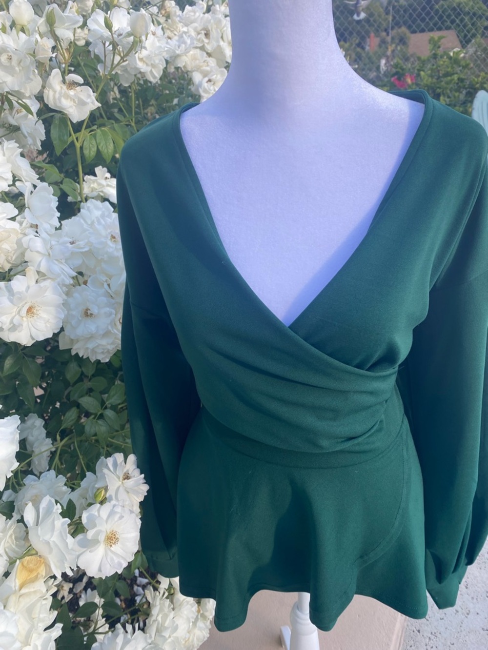 Deep Green Wrap-Front Long Sleeve Blouse